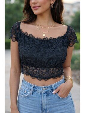 Cacique Black Lace Crop Top Sheer Whimsigoth Fairy Grunge Size 18/20 Women's